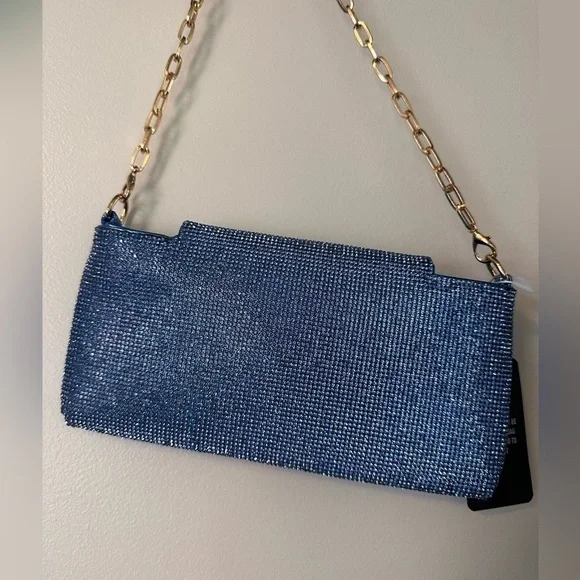 NWT BOXING CHAIN STRAP DETAIL RECTANGLE SHAPED SHOULDER BAG IN BLUE DIAMANTE - Picture 6 of 6